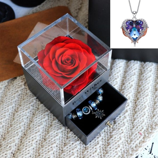 Valentines Day Gift Women Rose Jewelry Box Dried Flower Real Flowers Eternal Roses In Box - HJG