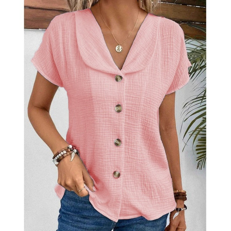 Summer Solid Color Fashion Short-sleeved Cardigan Button Women's Top