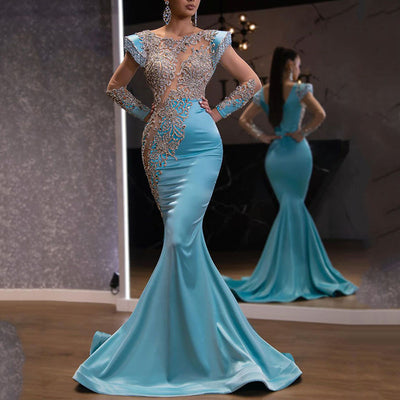 Light Blue Fishtail Dress New Feast President's Sarkin Series High Waist Slim Fashion Elegant Annual Meeting Evening Dress Women