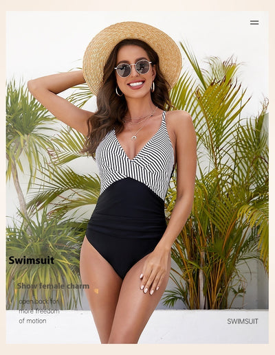 Striped Spaghetti Straps One-piece Swimsuit Sexy Backless Triangle Swimwear