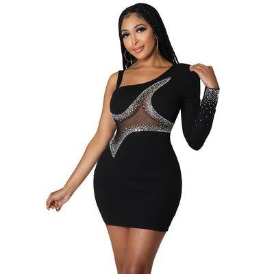 Women's Fashion Tight Hip Dress One Shoulder Sleeve Short Skirt