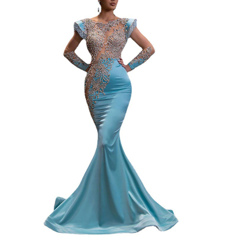 Light Blue Fishtail Dress New Feast President's Sarkin Series High Waist Slim Fashion Elegant Annual Meeting Evening Dress Women