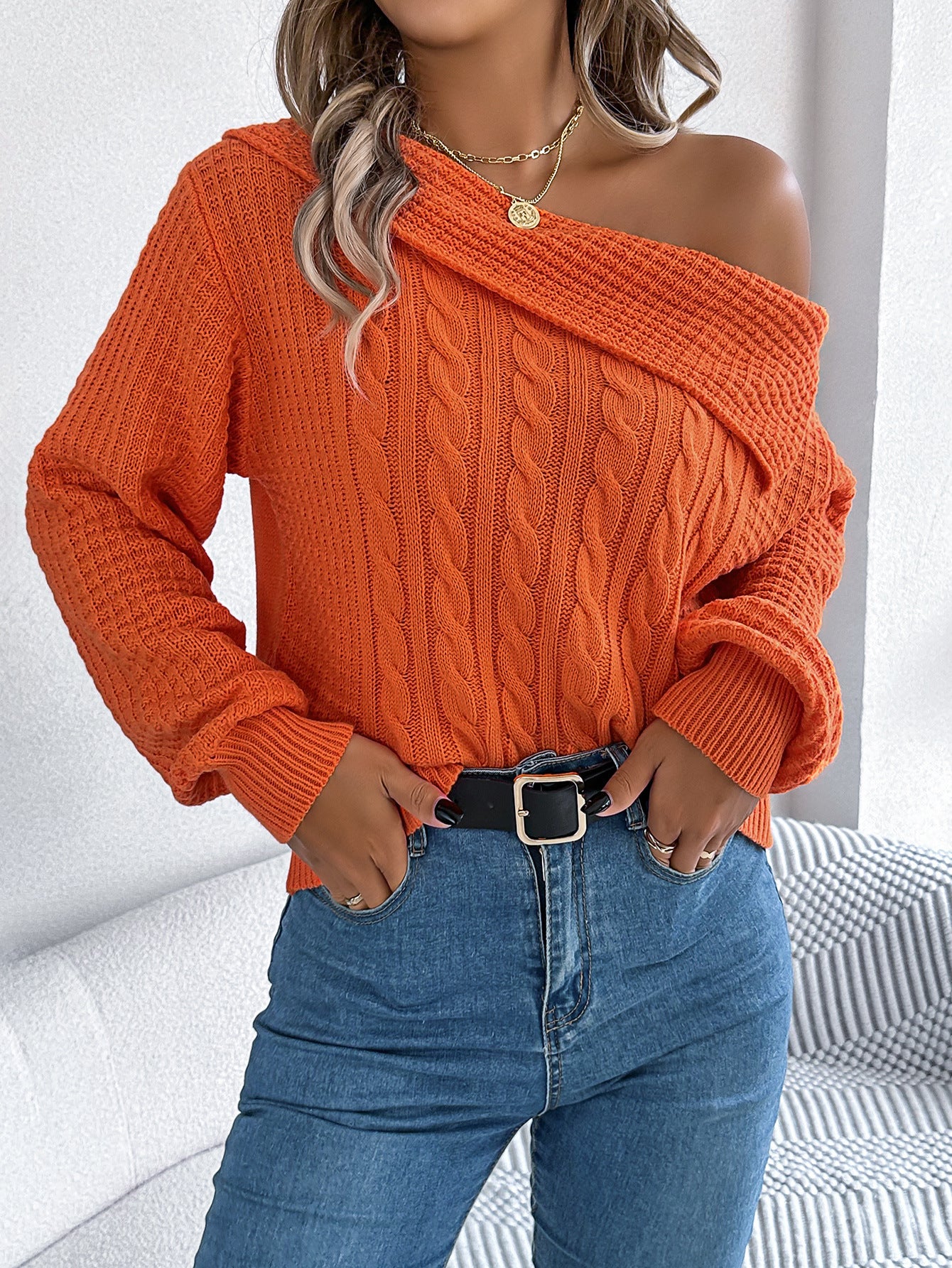 Lapel Off-the-shoulder Twist Long Sleeve Pullover