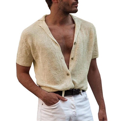 Gentleman Solid Knitted Cardigan Polo Shirts Spring Summer Men's Poloshirt Short Sleeve Sexy V Neck Buttons Cotton Clothing