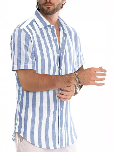 Casual Fashion Short Sleeve Striped Dress Shirt Cotton Beach Shirt