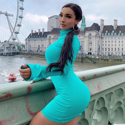 Summer New Sexy Casual Commutes Women's High Collar Long Sleeved Horn Sleeve Elastic Tight Knit Mini Short Dress