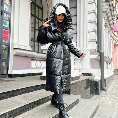 Malina Hooded PU Parkas Women Fashion Tie Belt Coats Women Elegant Solid Faux Leather Slim Long Cotton Jackets Female Ladies