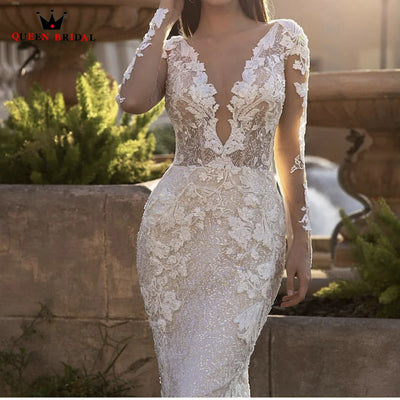 Luxurious Mermaid V neck Long Sleeve Wedding Dresses Tulle Lace Crystal Beaded Sexy Bridal Gown 2023 New Design Custom Made DS43