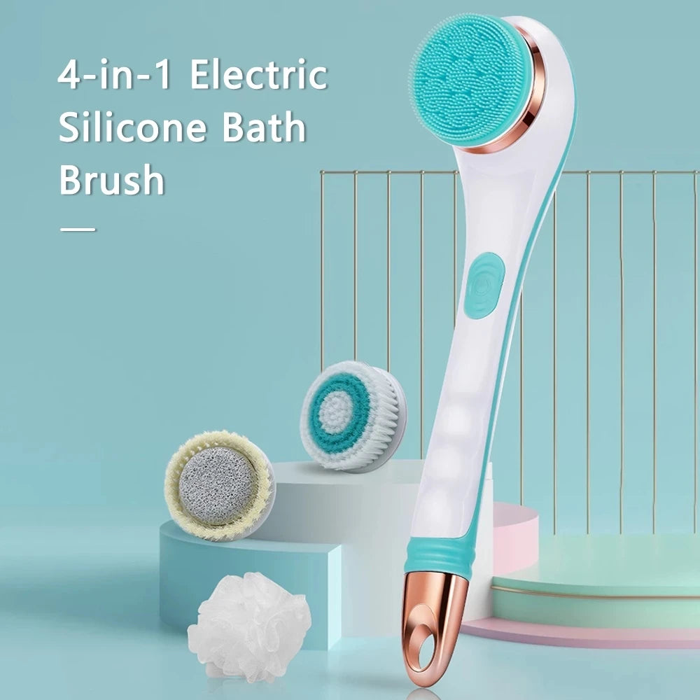 Electric Silicone Bath Brush Back Scrubber 4 Brush Heads USB Rechargeable Rotating Shower Massager with 2 Speeds Long Handle