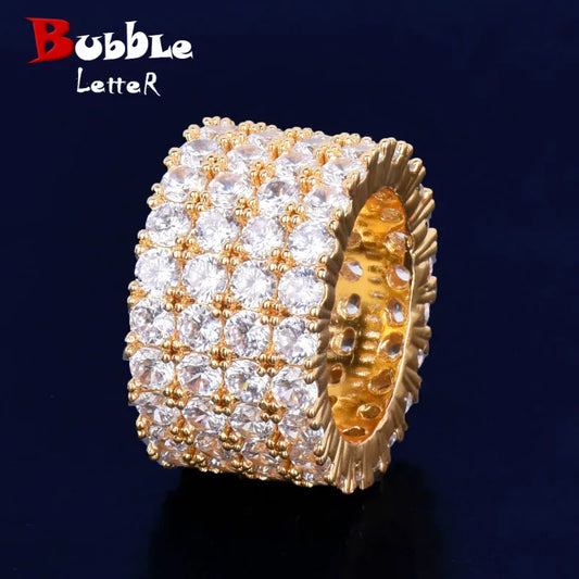 Bubble Letter Four Rows Solitaire Men's Rings Copper Charm Gold Color Cubic Zircon Iced Out Fashion Hip Hop Jewelry