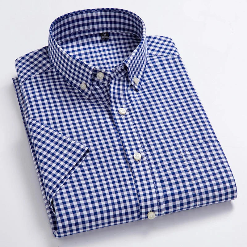 High Quality Men's Oxford Casual Shirts Leisure Design Plaid Men's Social Shirts 100% Cotton Short Sleeve Men's Dress Shirts