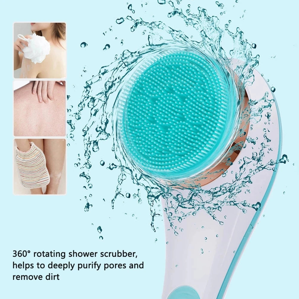 Electric Silicone Bath Brush Back Scrubber 4 Brush Heads USB Rechargeable Rotating Shower Massager with 2 Speeds Long Handle