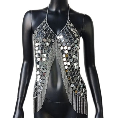 Festival Bling Plastic Sequined Crop Tops Women 2023 Sexy Metal Chain Tassel Nightclub Dance Wear Party Burning Outfits Tank Top