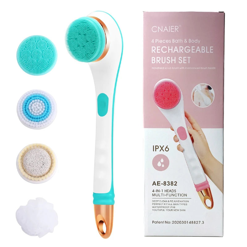 Electric Silicone Bath Brush Back Scrubber 4 Brush Heads USB Rechargeable Rotating Shower Massager with 2 Speeds Long Handle