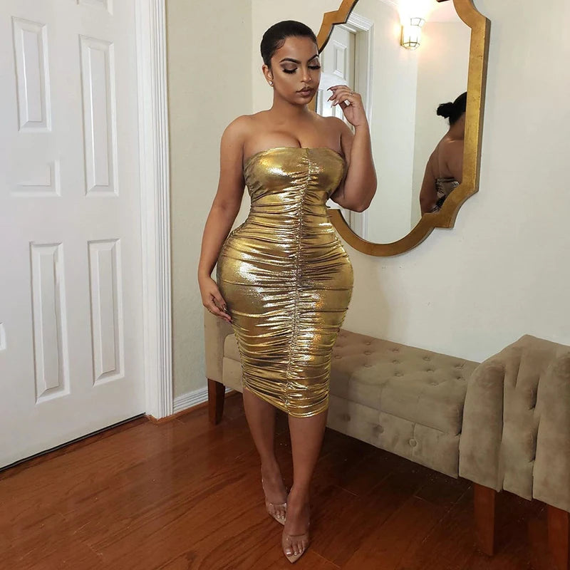 BKLD 2021 Autumn New Fashion Glitter Metallic Color Women Party Night Club Sexy Off Shoulder Strapless Ruched Bodycon Midi Dress