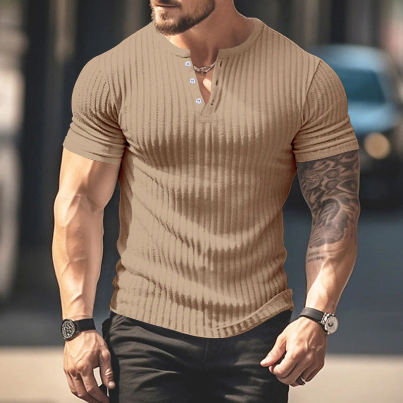 Men's Short Sleeve Top Sunken Stripe V-neck Slim Fit Henley T-shirt