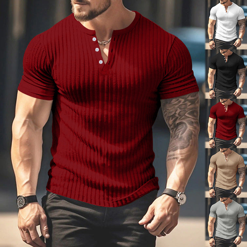 Men's Short Sleeve Top Sunken Stripe V-neck Slim Fit Henley T-shirt