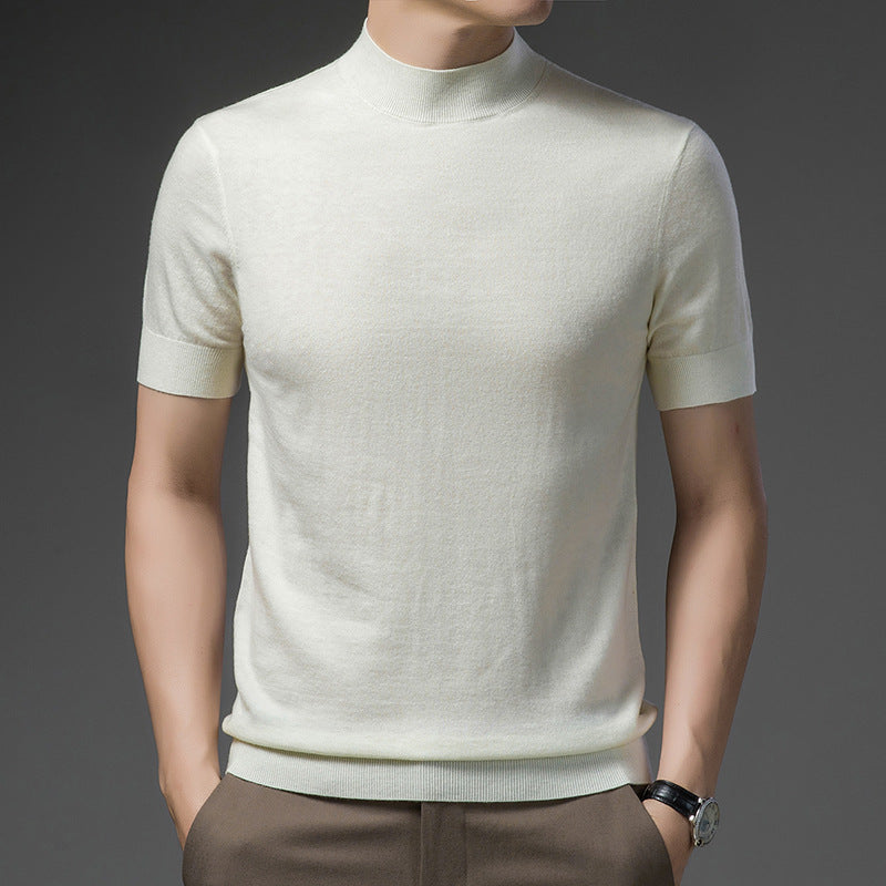 Half Turtleneck Pure Wool Sweater With Short Sleeves Men