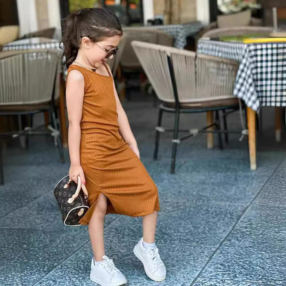 Simple Solid Color Girl's Knitted Camisole Skirt