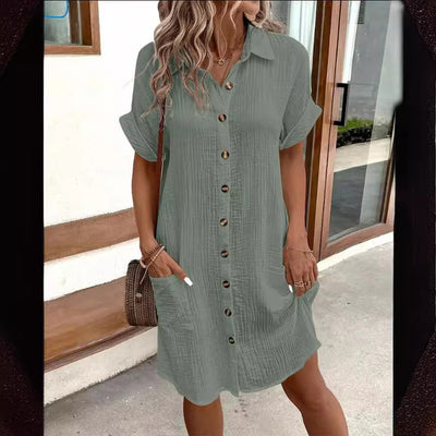 Summer Short Sleeve Shirt Dress Fashion Solid Color Single-breasted Mid-length Loose Dress