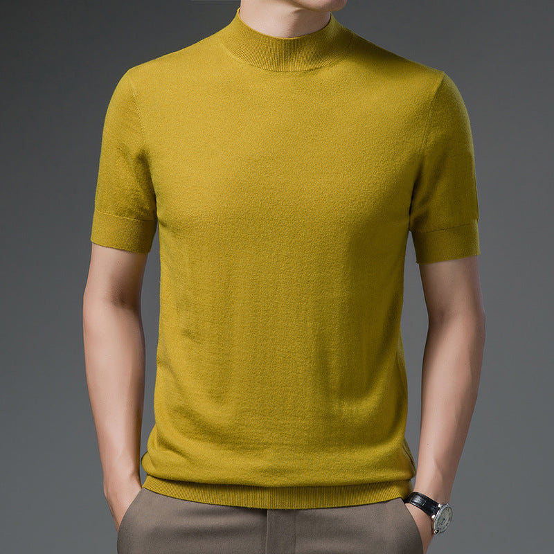 Half Turtleneck Pure Wool Sweater With Short Sleeves Men