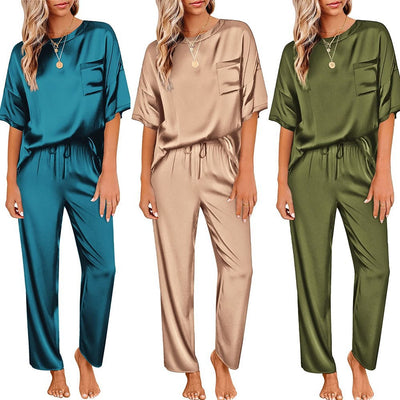 Women's Satin Silky Pajamas Short-sleeved Shirt Long Pajama Pants Suit