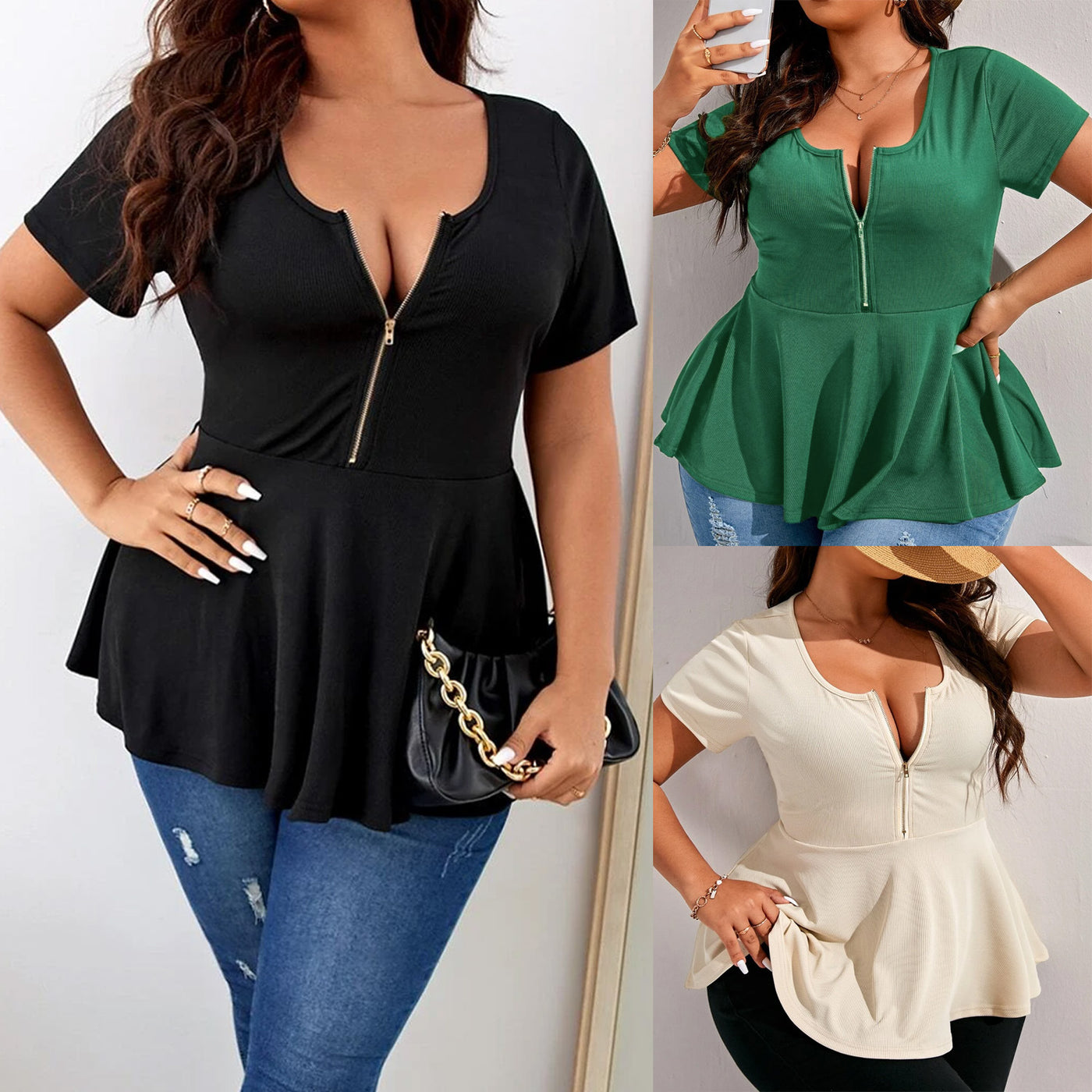 European And American Plus Size Short Sleeve Zipper Slim Fit T-shirt