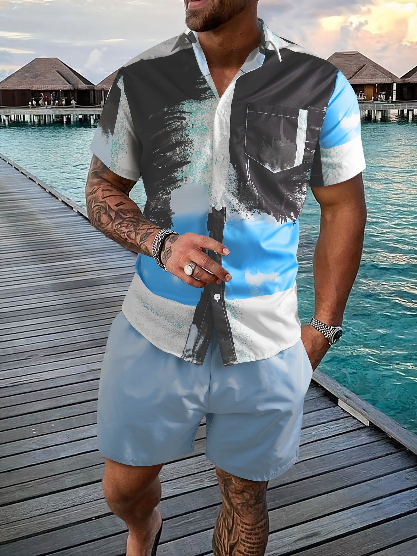 Printed Flanging Vacation Short Sleeve Shorts Shirt Outfit