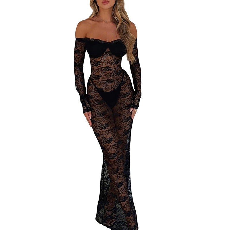 Off-neck Lace Crochet See-through Slim-fit Dress