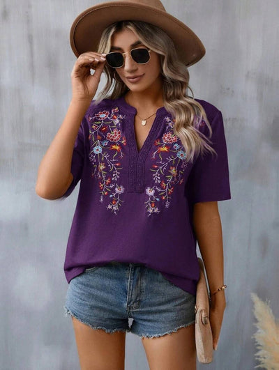 Fashion Flowers Embroidery Short Sleeve T-shirt Summer Stitching Lace-collared Blouse Womens Clothing