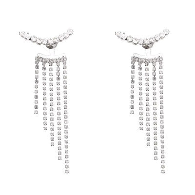 Sterling Silver Needle Sparkling Long Fringed Zircon Earrings