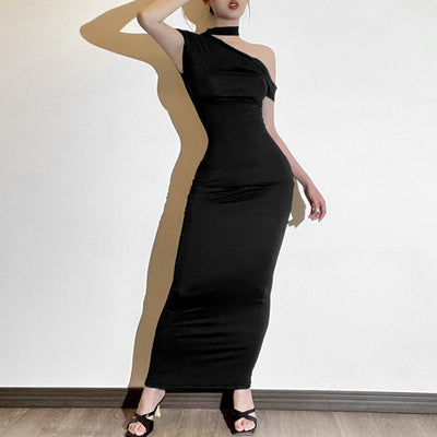 Solid Color One-shoulder Cold-shoulder Slim Fit Dress