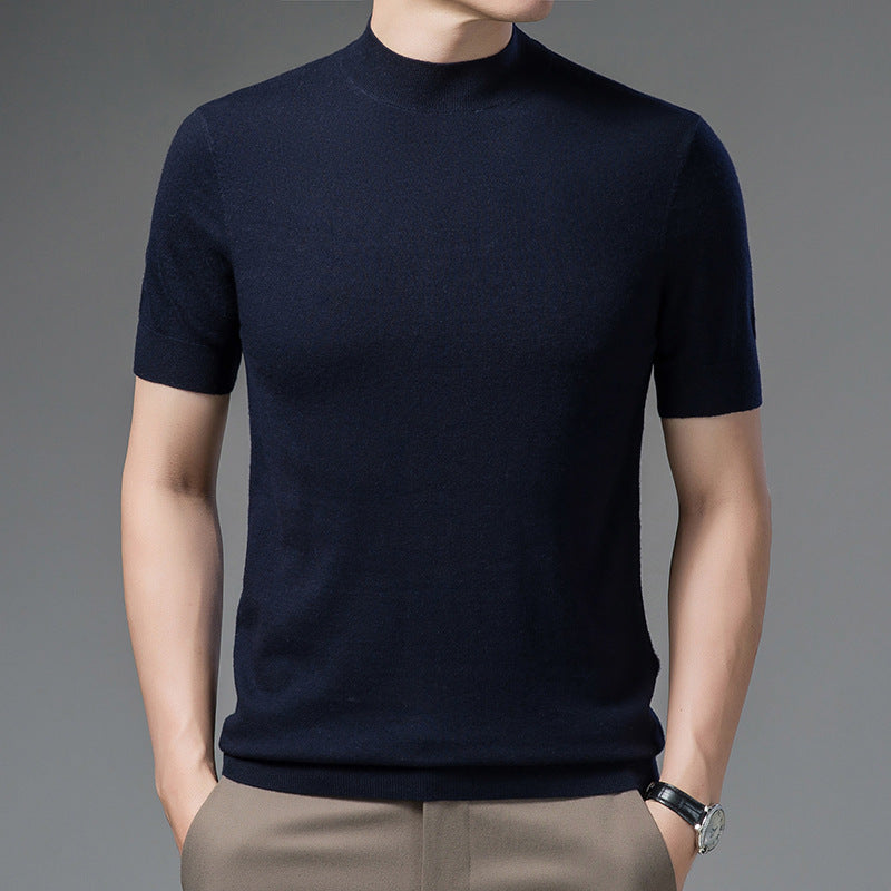 Half Turtleneck Pure Wool Sweater With Short Sleeves Men