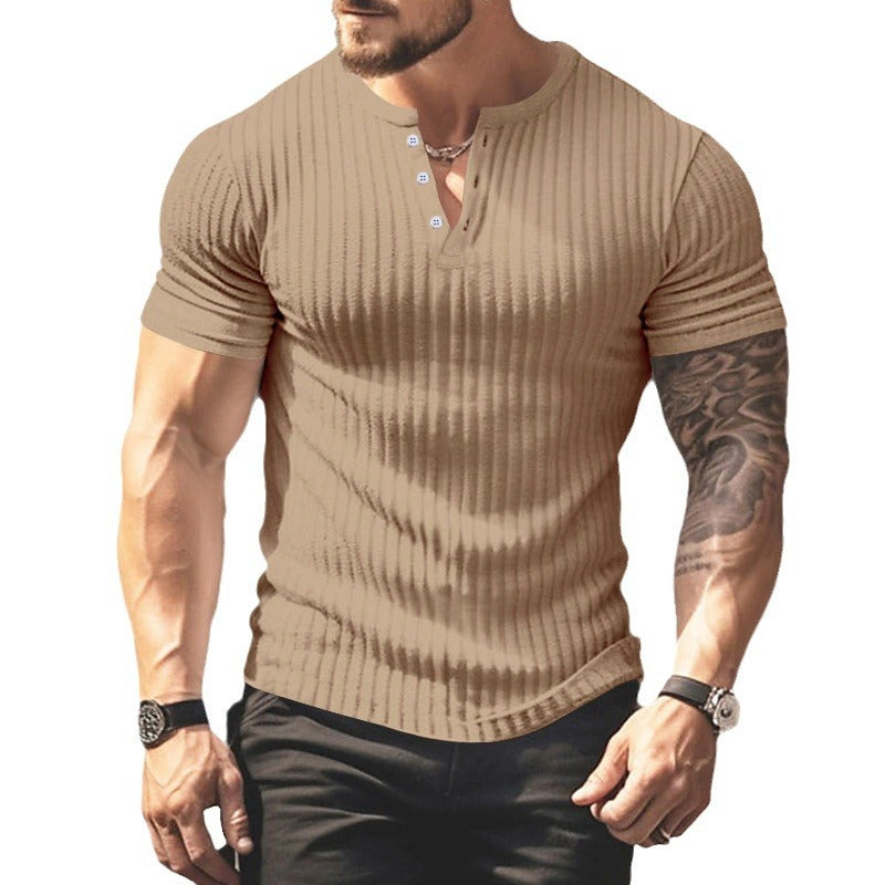 Men's Short Sleeve Top Sunken Stripe V-neck Slim Fit Henley T-shirt