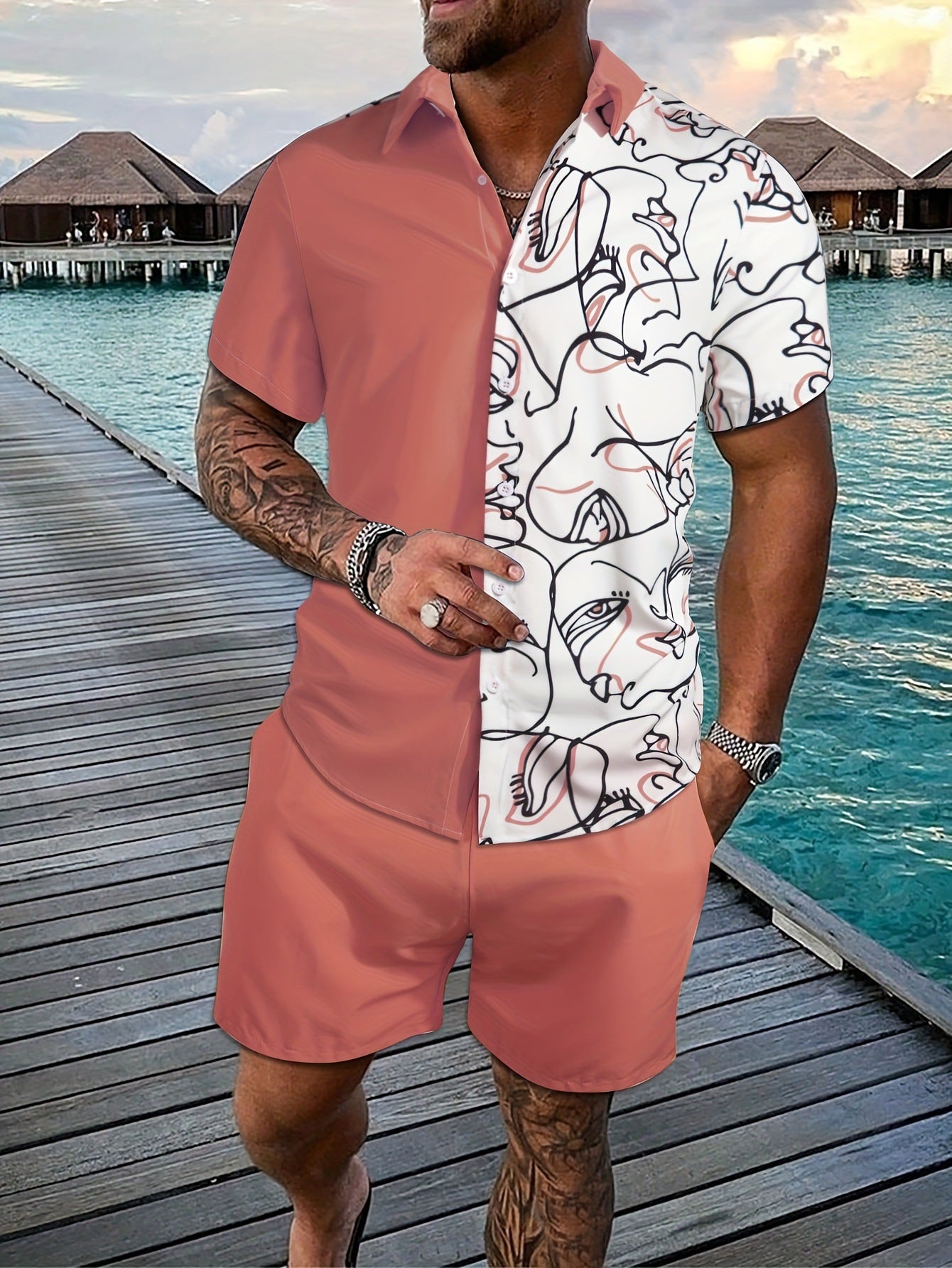 Printed Flanging Vacation Short Sleeve Shorts Shirt Outfit