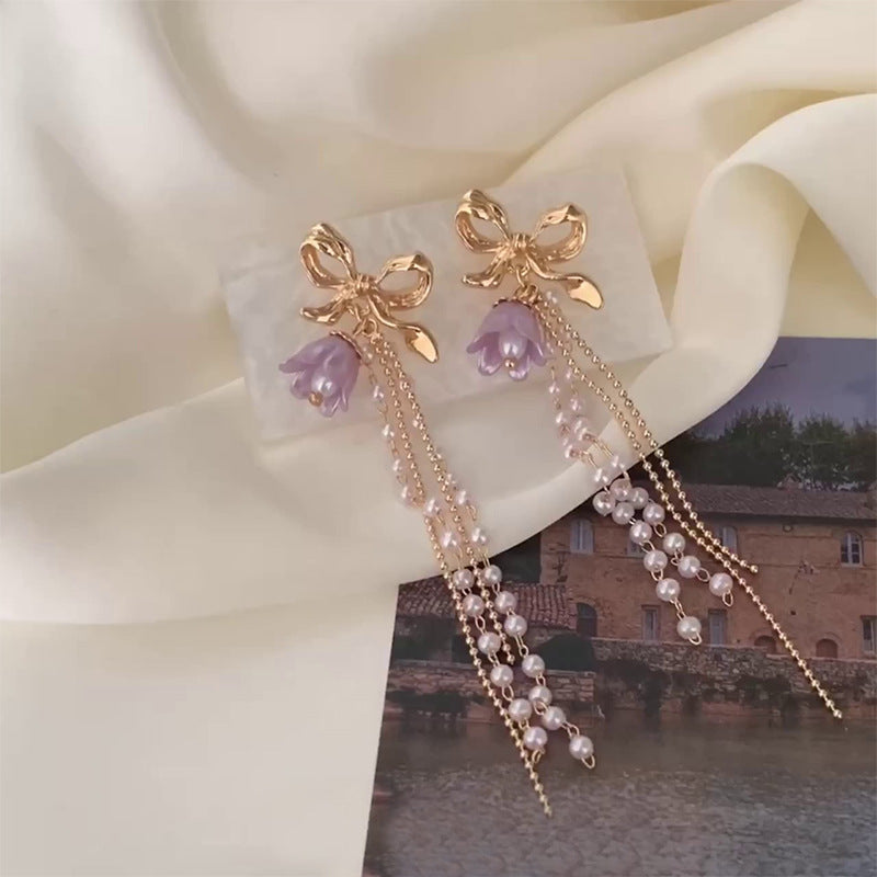 Romantic Earrings Lavender Linglan Pearl Tassel Ear Clip