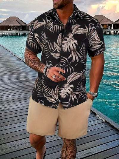 Printed Flanging Vacation Short Sleeve Shorts Shirt Outfit