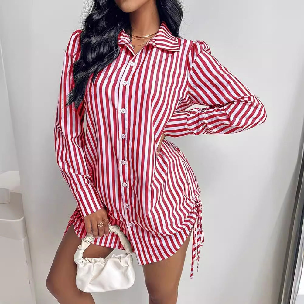 Women's Fashion Color Contrast Striped Long Sleeve Lapel Shirt Dress