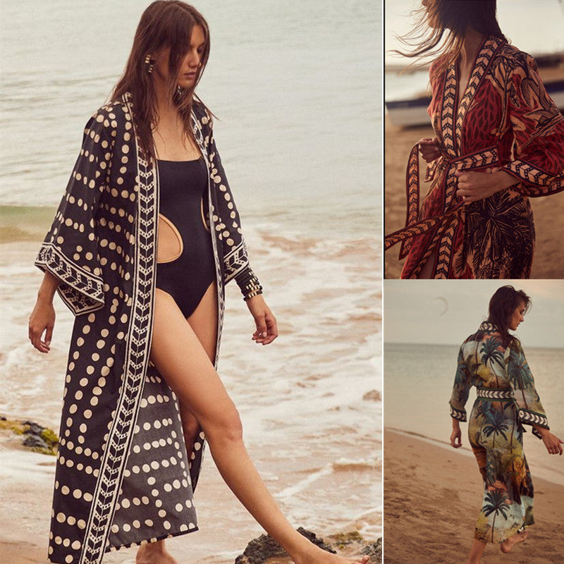 Beach Cardigan Long Sleeve Sun Protection Lace-up Printing Long Beach Wear Dress Leisure Fashion Loose Sexy Bikini Cover Up