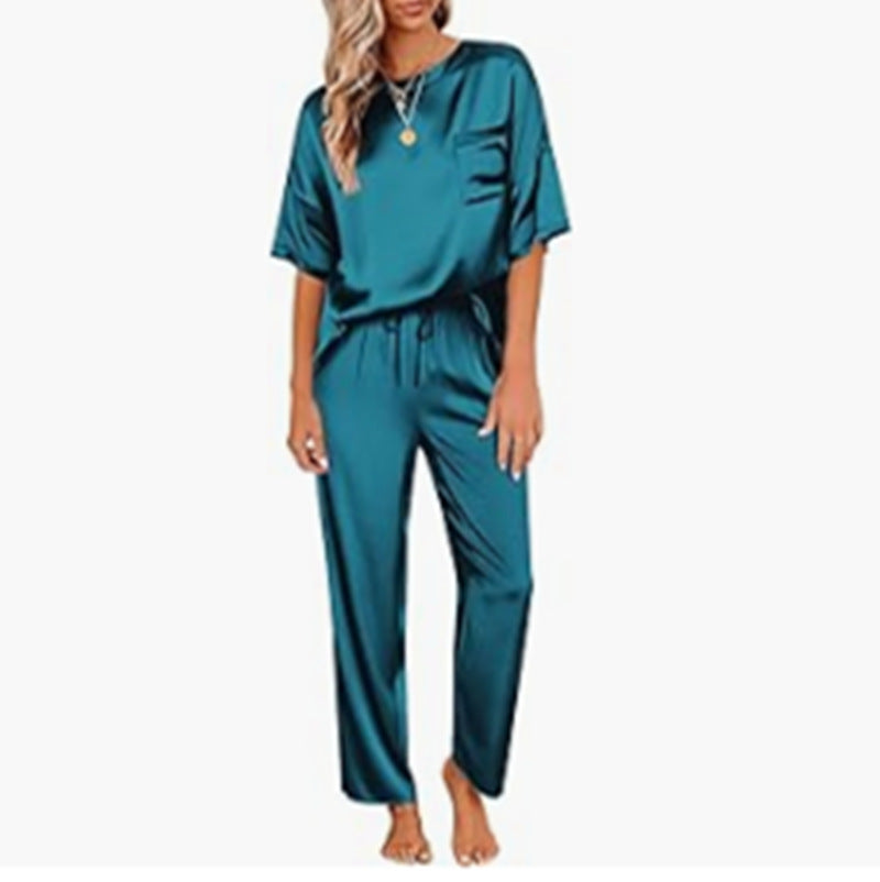 Women's Satin Silky Pajamas Short-sleeved Shirt Long Pajama Pants Suit