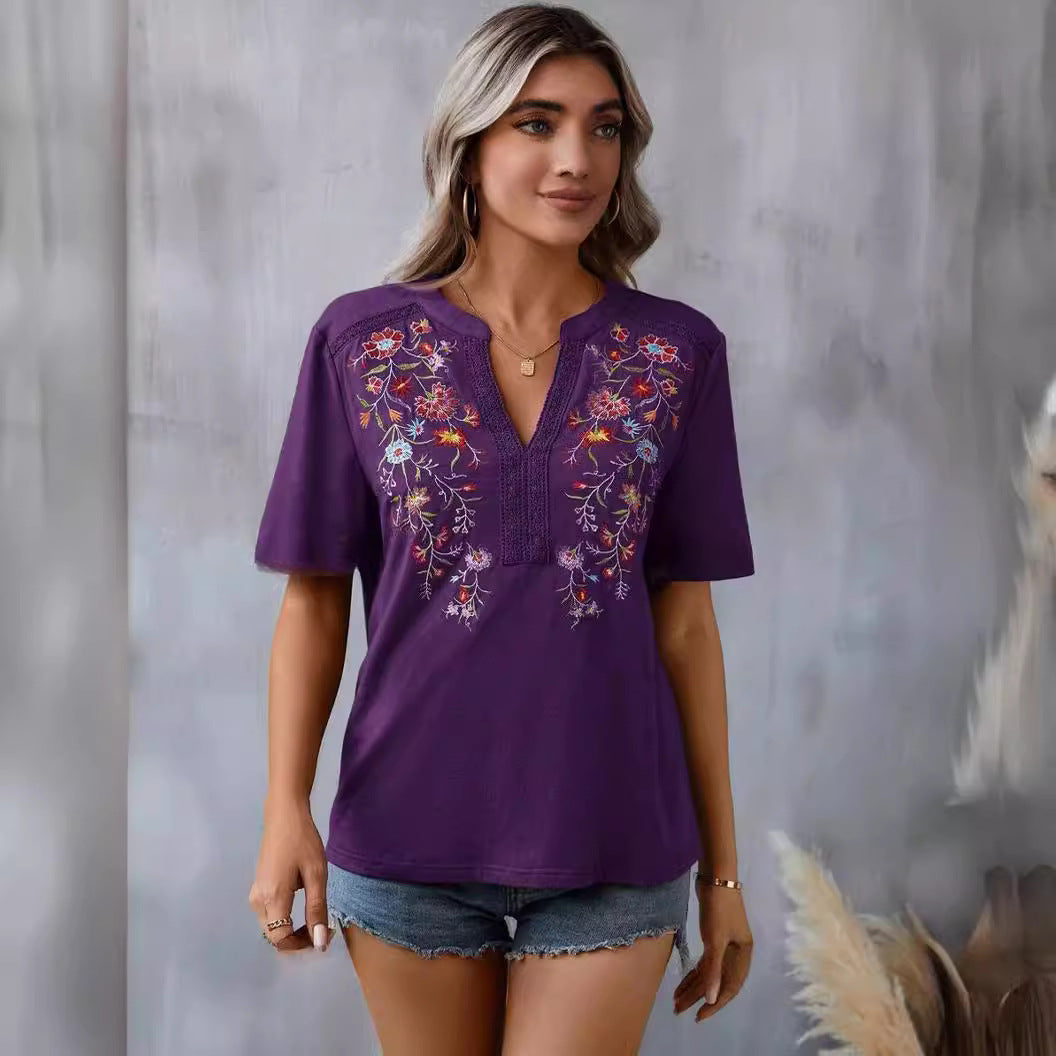 Fashion Flowers Embroidery Short Sleeve T-shirt Summer Stitching Lace-collared Blouse Womens Clothing