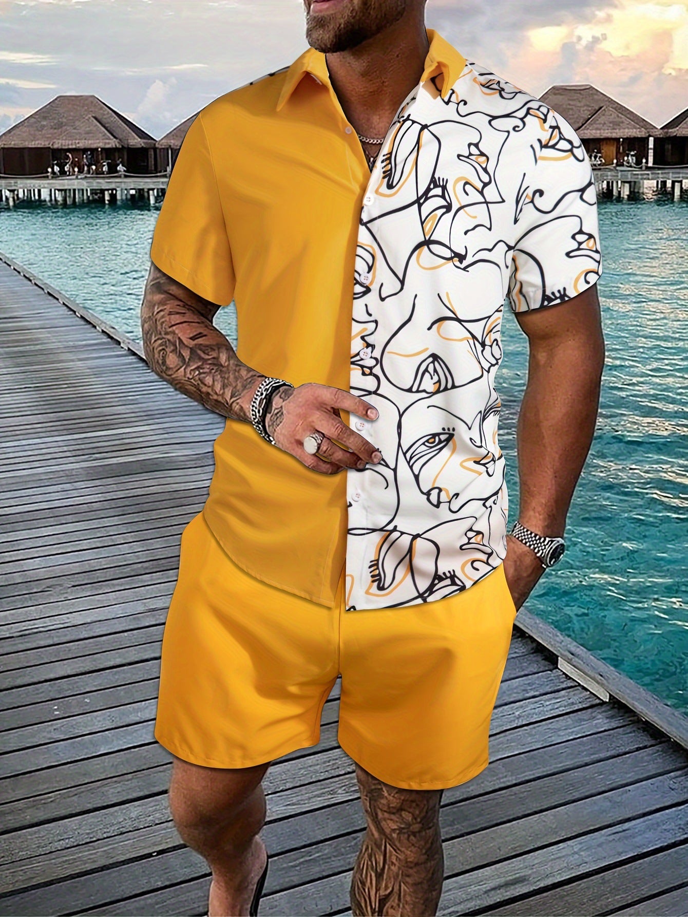 Printed Flanging Vacation Short Sleeve Shorts Shirt Outfit