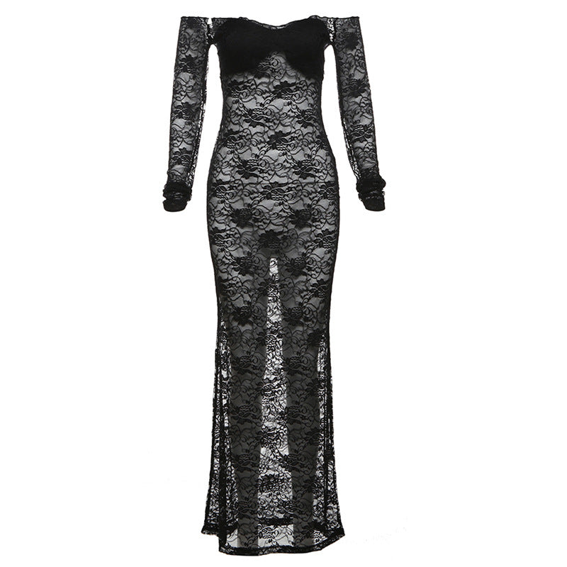 Off-neck Lace Crochet See-through Slim-fit Dress