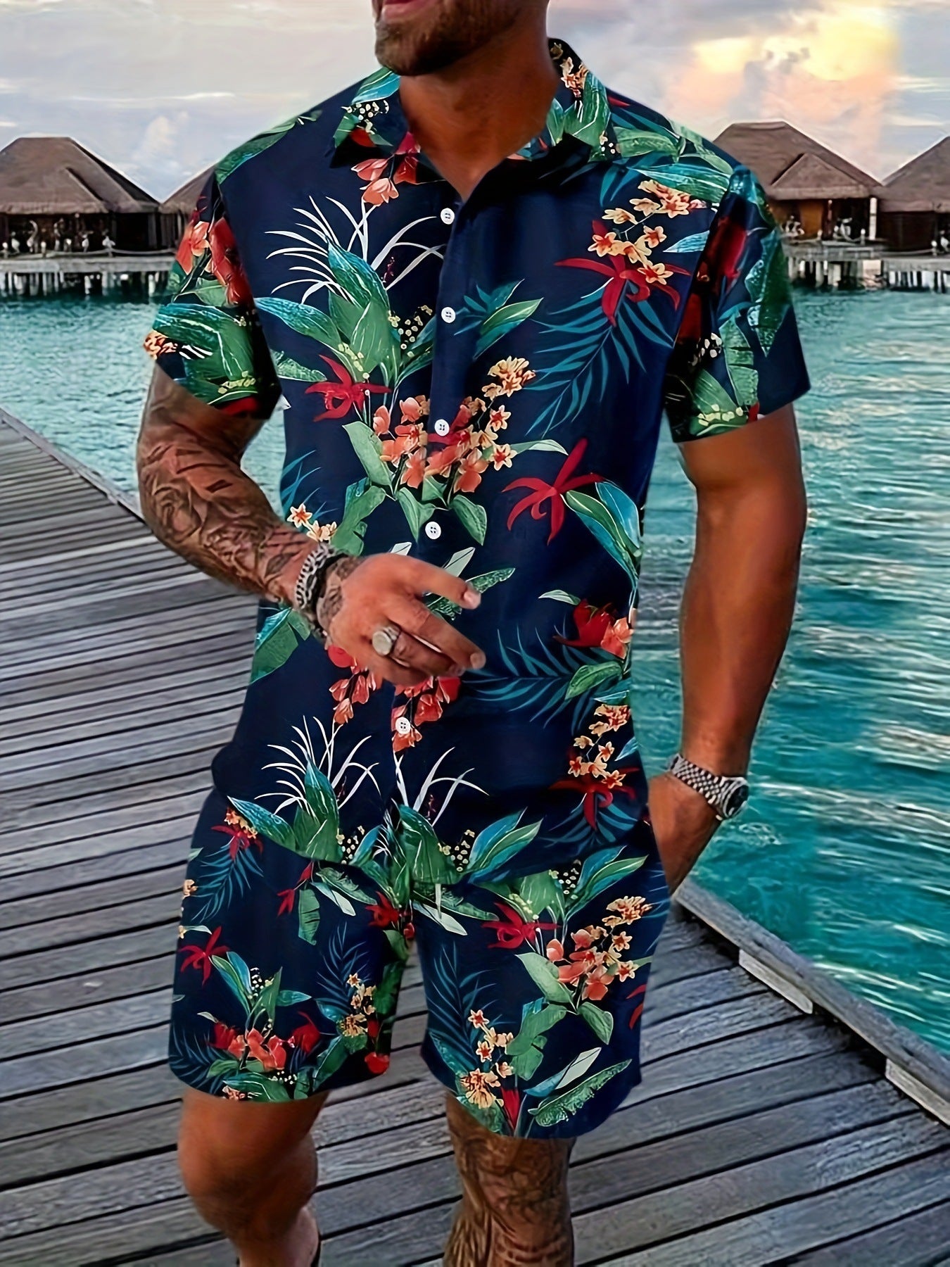 Printed Flanging Vacation Short Sleeve Shorts Shirt Outfit