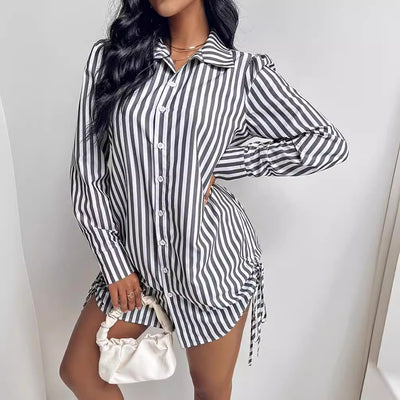 Women's Fashion Color Contrast Striped Long Sleeve Lapel Shirt Dress