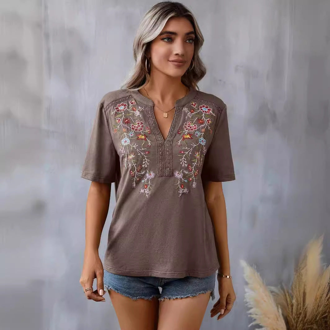 Fashion Flowers Embroidery Short Sleeve T-shirt Summer Stitching Lace-collared Blouse Womens Clothing