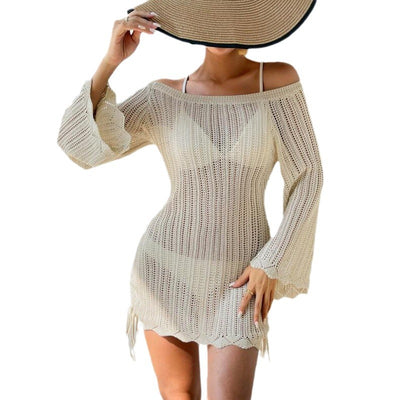 Solid Color Knitted Beach Bikini Swimsuit Blouse - HJG