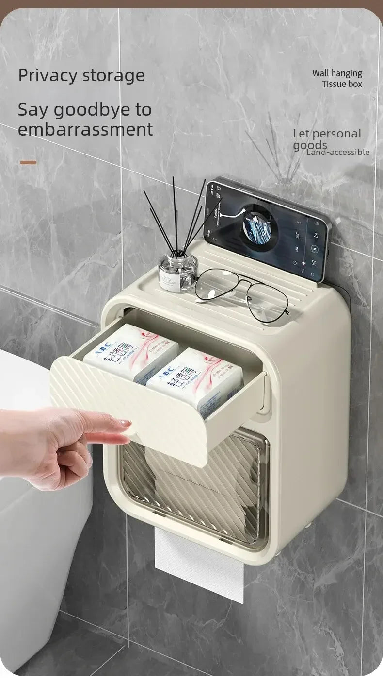 Wall-mounted Tissue Box Double Layer Toilet Organizer Paper Holder Waterproof Bathroom Toilet Rolls Storage Rack with Drawer