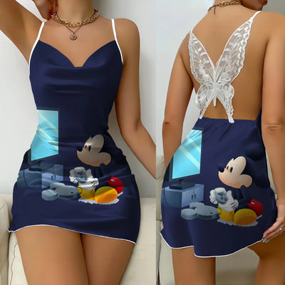 Minnie Mouse Bow Knot Party Dresses Disney Mickey Satin Surface Backless Dress Pajama Skirt Womens Fashion Summer 2024 Mini Sex