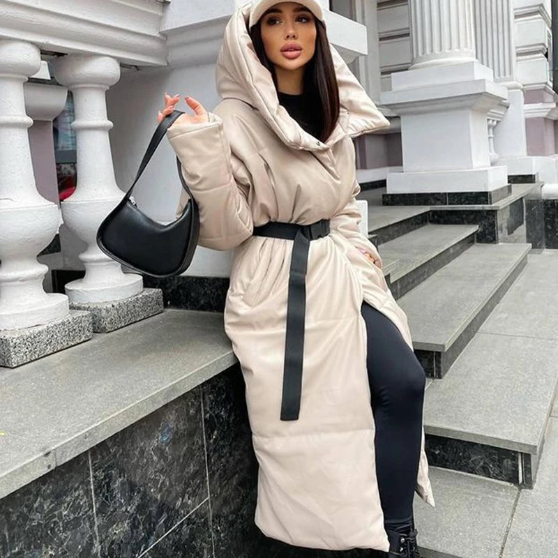 Malina Hooded PU Parkas Women Fashion Tie Belt Coats Women Elegant Solid Faux Leather Slim Long Cotton Jackets Female Ladies